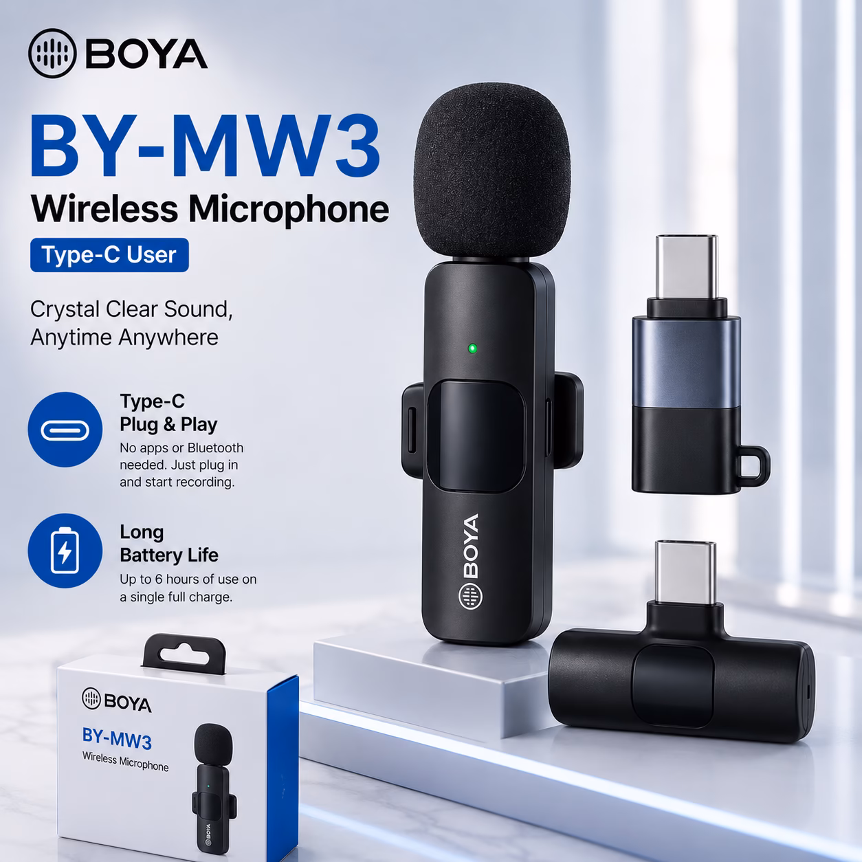 Boya BY-MW3 Wireless Microphone For iPhone and Android Type-C User - Image 1