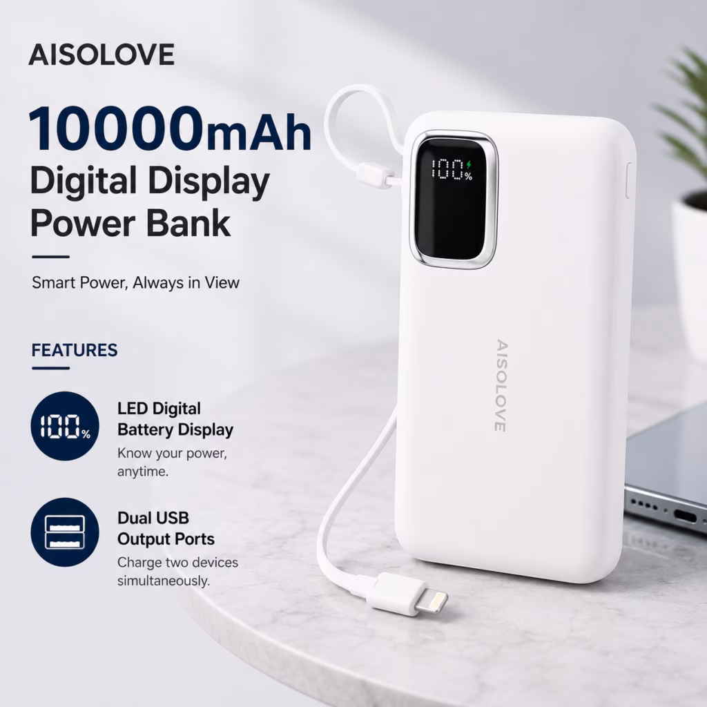 AISOLOVE 10000 mah Digital Display Power Bank (22.5W) Fast Charging