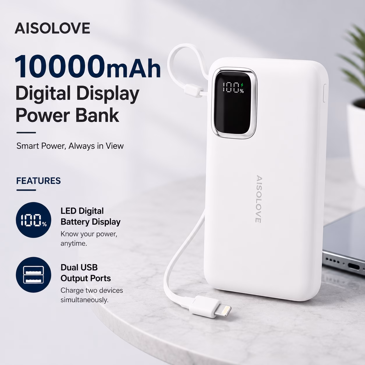 AISOLOVE 10000 mah Digital Display Power Bank (22.5W) Fast Charging - Image 1