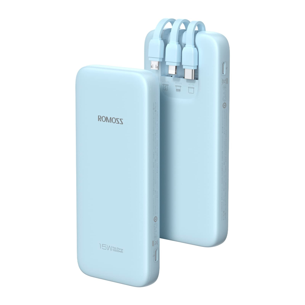 ROMOSS 10000mAh 15W Fast Charging Power Bank, 3 Built-in Cables for Android, Lightning & Type-C, Type-C Input